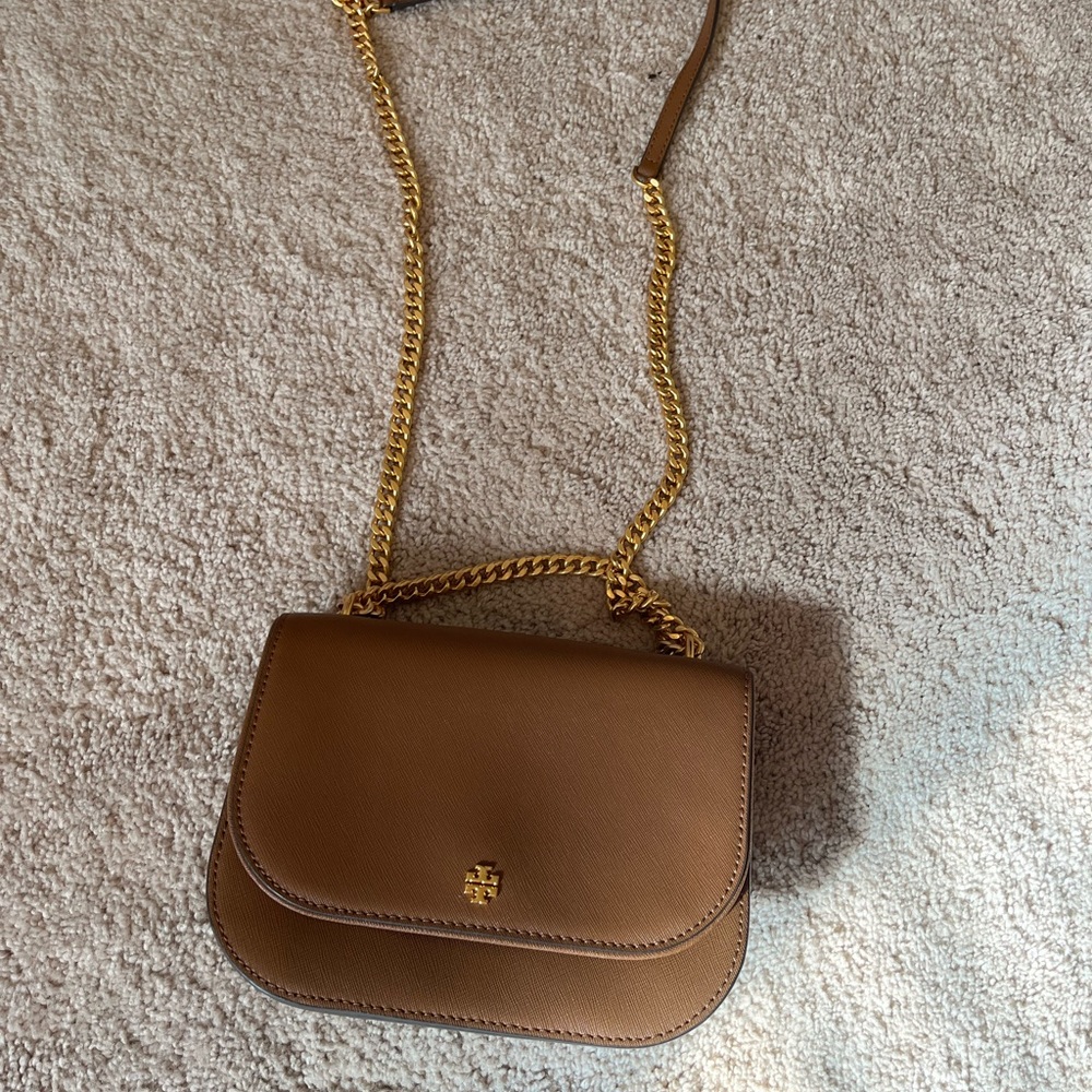 Tory Burch Tan Leather Crossbody Bag with Gold Chain